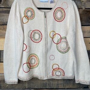 Vintage Alfred Dunner Womens Full Zip Beige Embroidered Beaded Sweater Sz LP